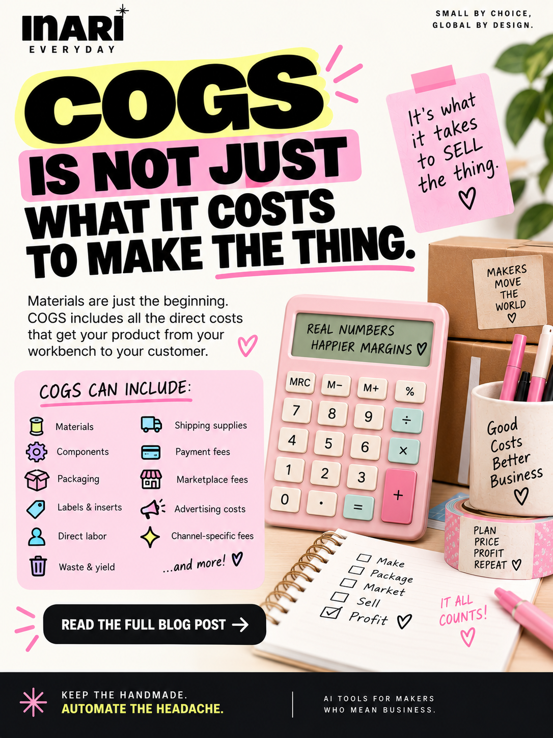Illustrated cover for the Inari Everyday post “COGS Is Not Just What It Costs to Make the Thing” — a pink calculator and notebook beside a list of costs COGS can include: materials, components, packaging, labels, direct labor, waste, shipping supplies, payment fees and more.