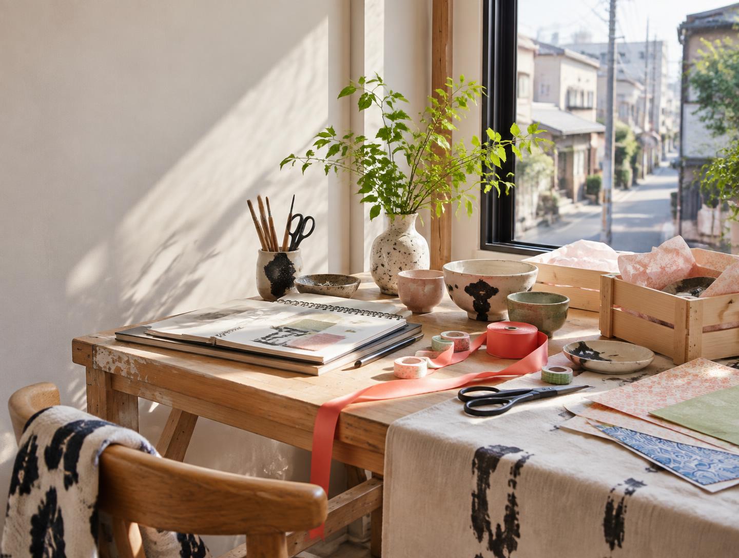 A handmade studio workbench with ceramics, tools, washi tape and an open view of a Japanese street